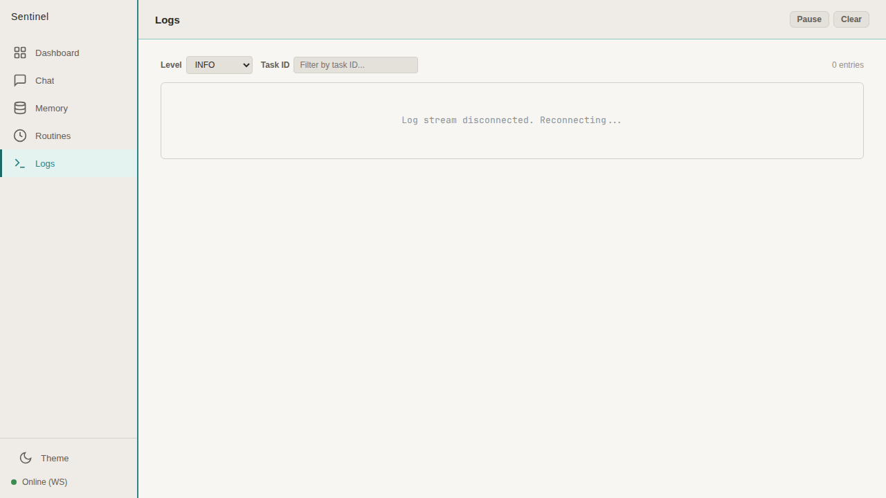 Logs — real-time log streaming with level filtering and task ID search.