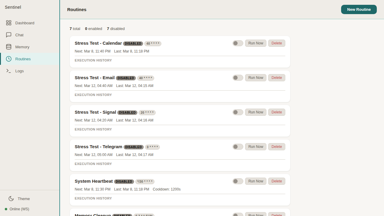 Routines — scheduled tasks with cron expressions and execution history.